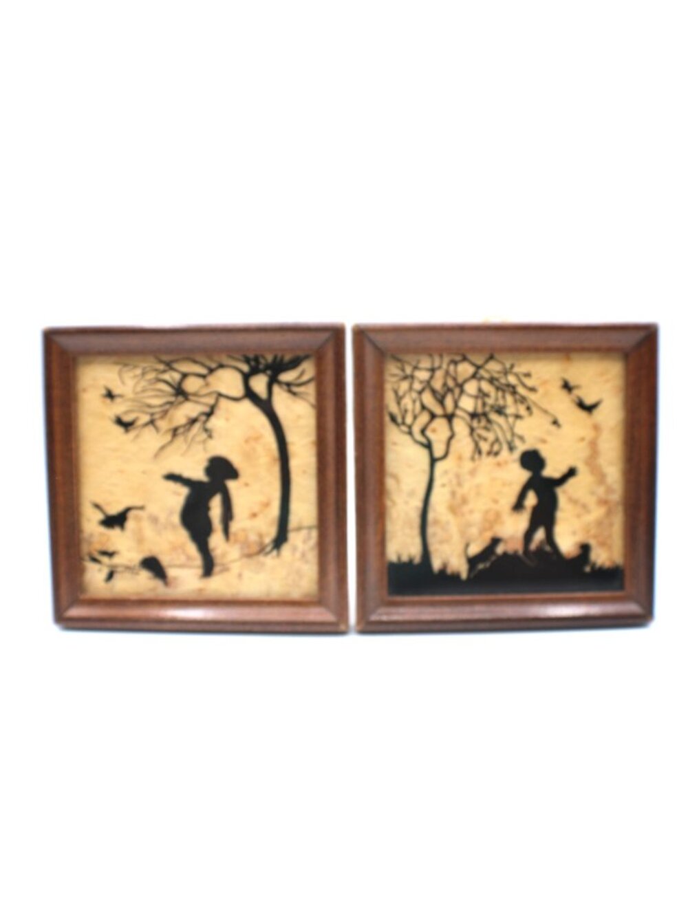Pair Vintage Reverse Painted Milkweed Silhouette Paintings Small Art 4.5x4.5"